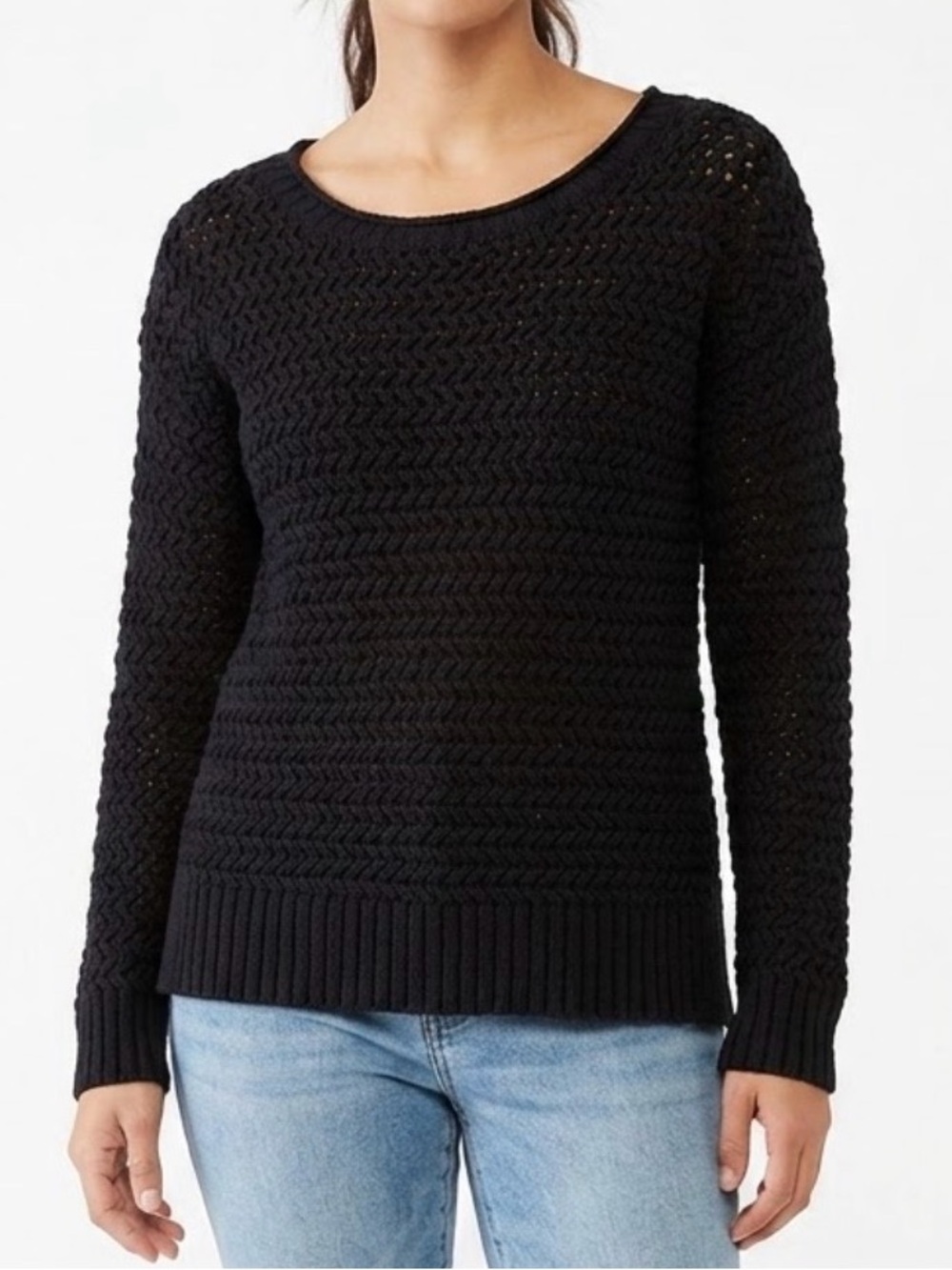 ANA A New Approach Black Textured Knit Scoop Neck Pullover Sweater Large